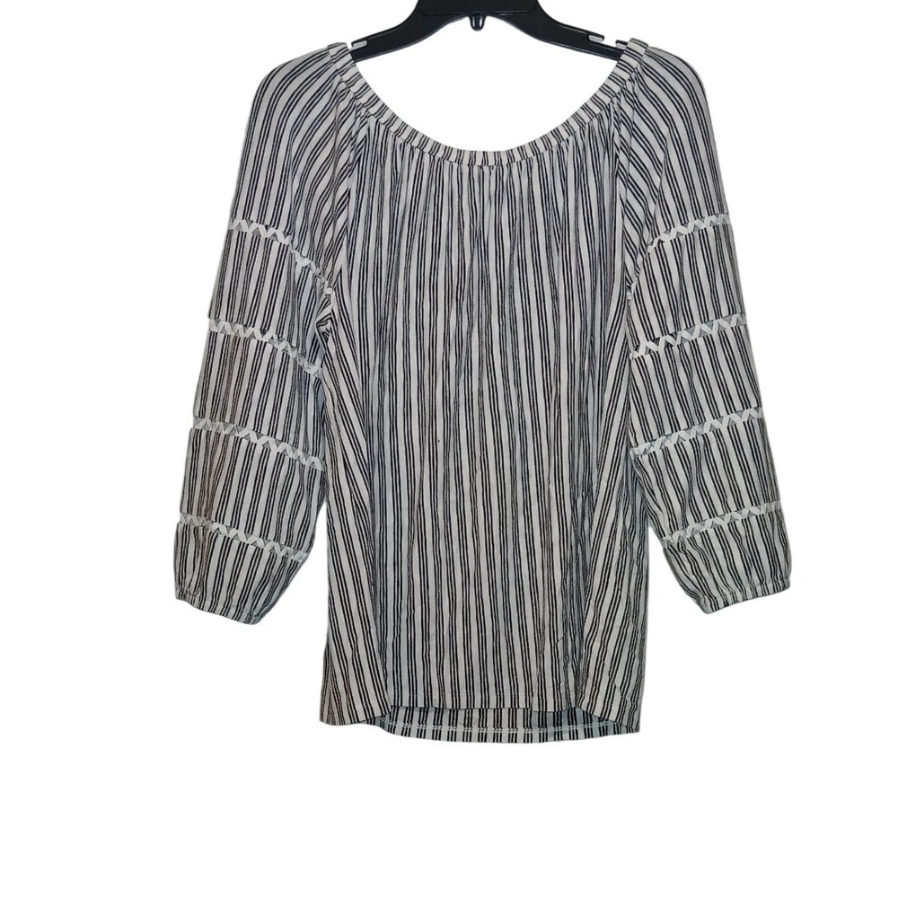 Talbots Women Blue White Striped Off Shoulder Crochet Lace Sleeve Blouse Large